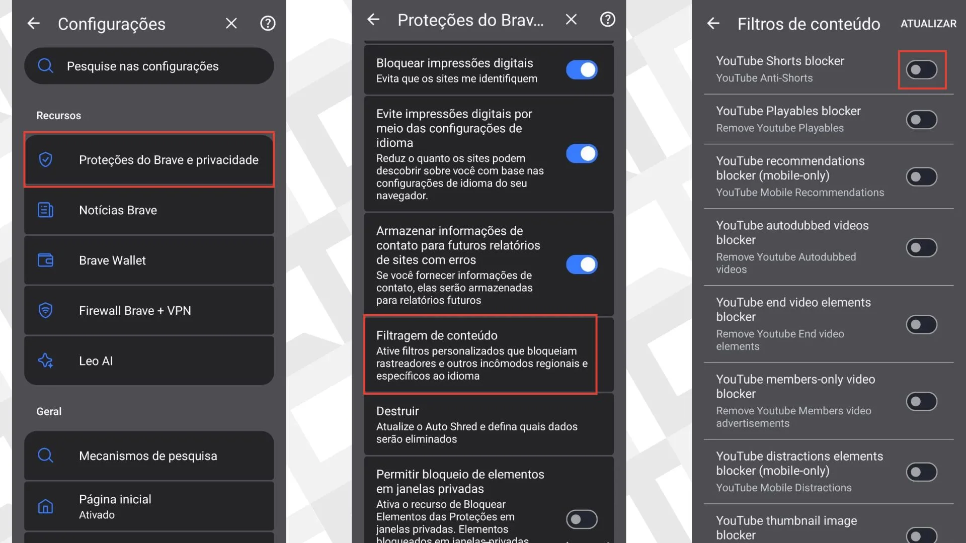 Filtragem de conteúdo - navegador Brave