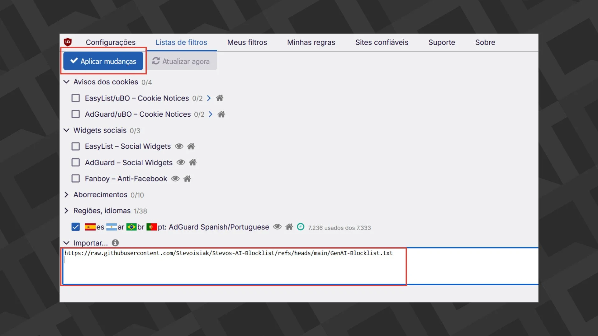 lista de filtros uBlock Origin
