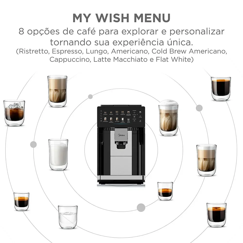Cafeteira Midea mói grãos na hora e prepara 8 receitas automaticamente