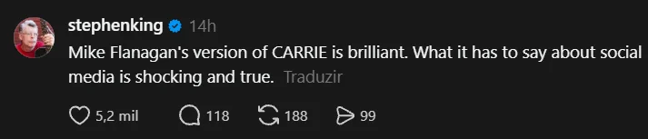 Stephen King rasga elogios a nova série de Carrie, a Estranha: "Brilhante e chocante"