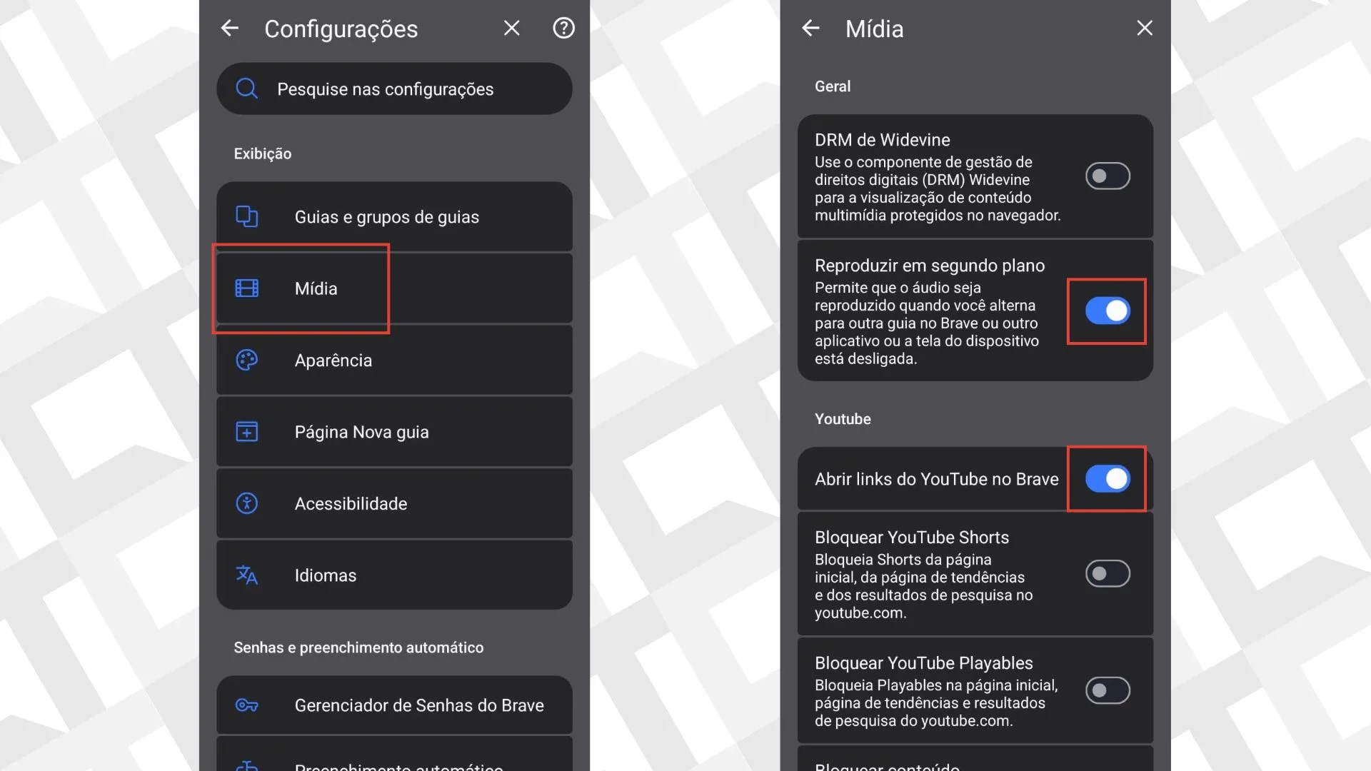 Reproduzir em segundo plano - navegador Brave