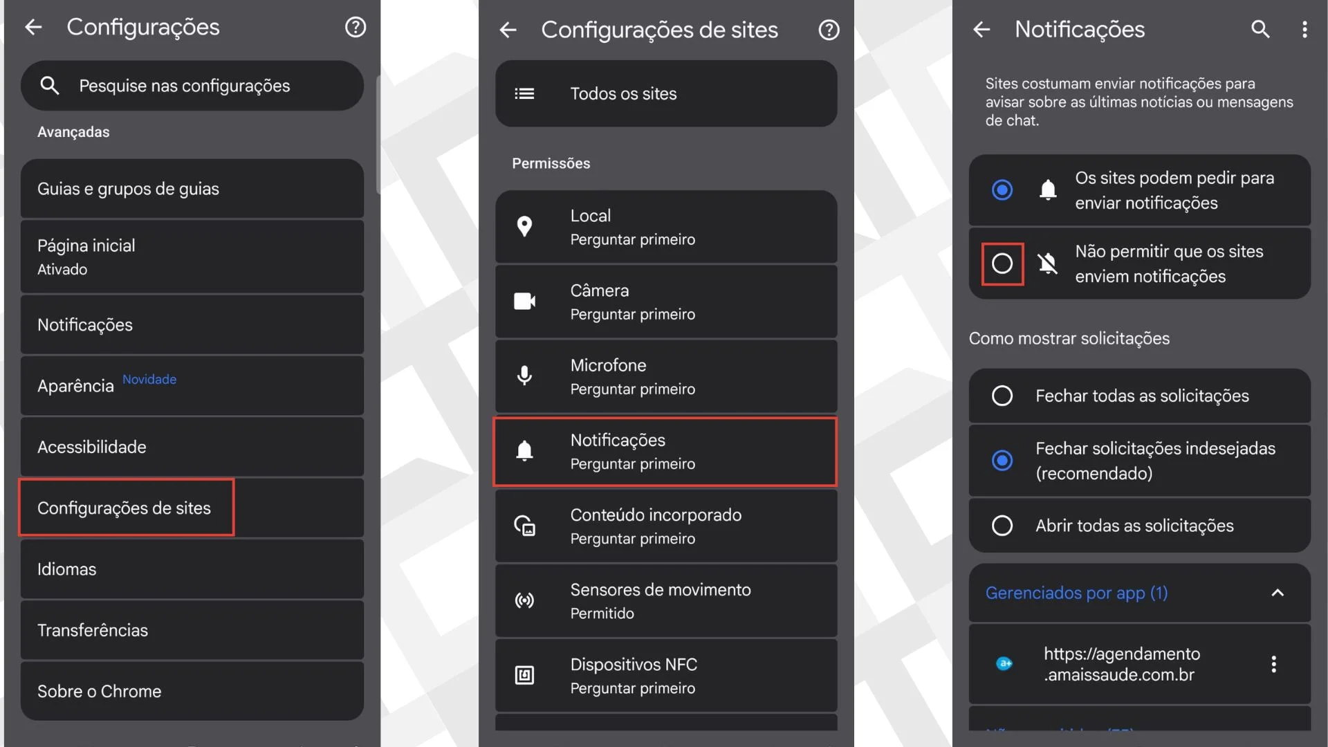 remover acesso de sites ao envio de notificações