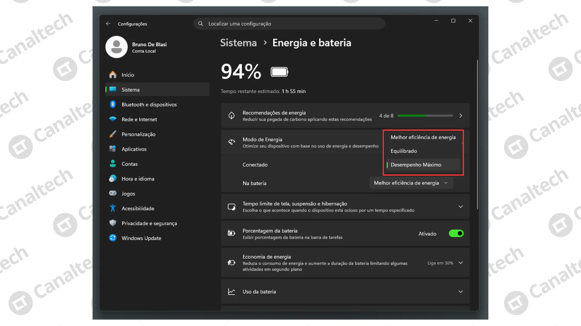 Como mudar o modo de energia do Windows 11